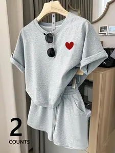 Two-Piece Set Women's Heart Print Tee & Shorts Set, Casual Basic Short Sleeve T-shirt & Skinny Shorts, Ladies Summer Clothes, Womenswear