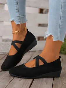 Elegant Vintage High Heels for Women, High Heel Pumps, Wedge Design, Round Toe, Cross Elastic Decoration, Casual All Season Shoes