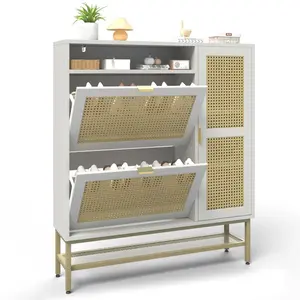 AECOJOY Rattan Shoe Cabinet with 3 Flip Drawers Free Standing Shoe Storage Organizer with Adjustable Shelves Scratch Resistant Coating Fits Size 13 Shoes Perfect for Entryway Storage