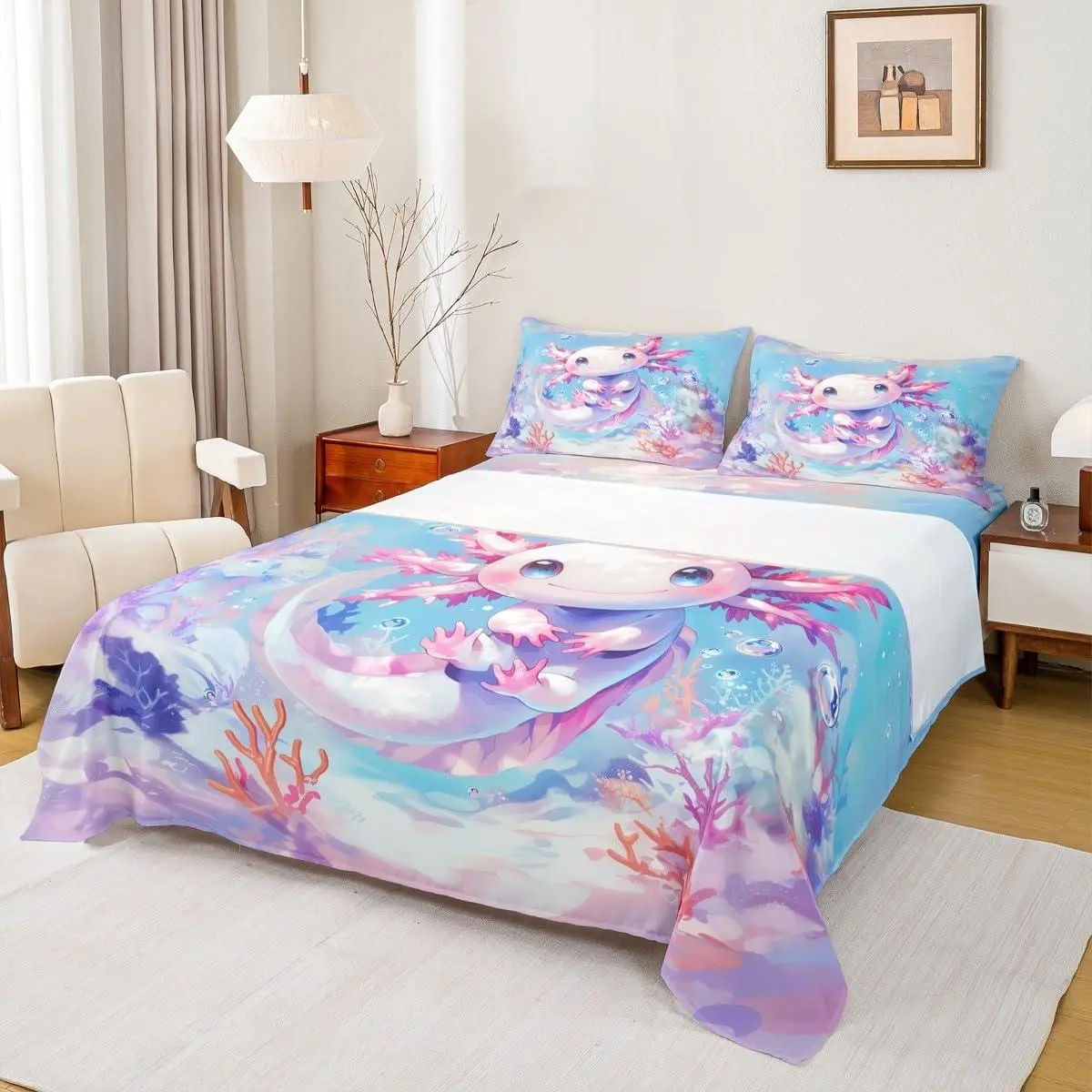 Teen Girl Axolotl Bed Sheets Kids Cute Axolotl Sheet Set,Cartoon Ocean Sealife Bedding Set,Kawaii Salamander Sheets