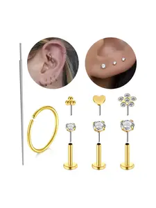 Cute Stainless Steel Cartilage Earrings, Flat Back Push Pin Studs for Tragus/Helix/Conch, Dainty Threadless Jewelry for Women & Girls, Fashion Earrings