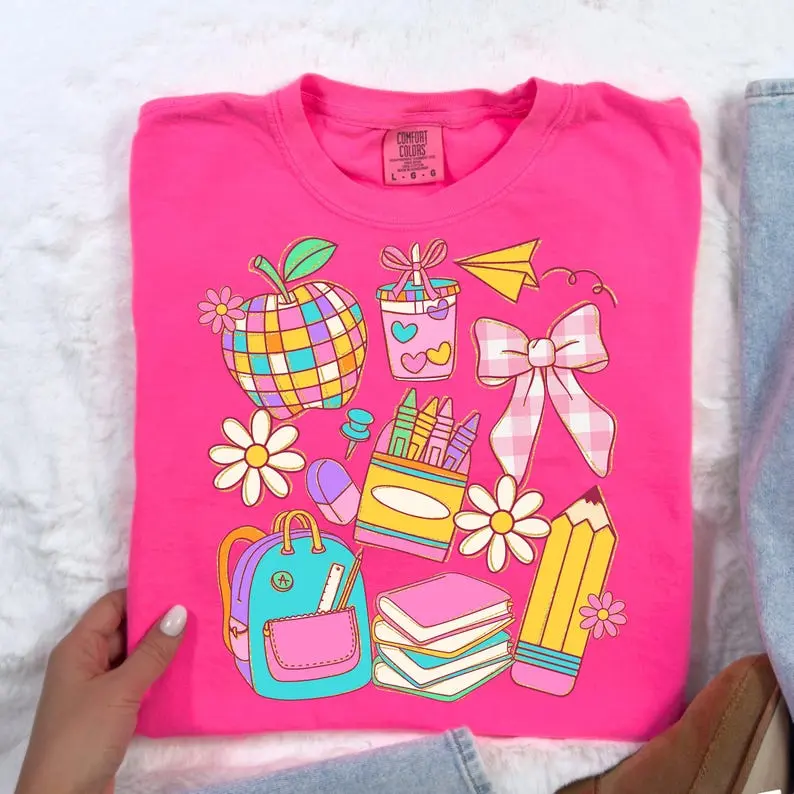 Comfort Colors Preppy Teacher Coquette Shirt, First Day of School , Back to School Shirt Design, Little Girl School Shirt Design, Teach Love Inspire Tee for Women - Clothes
