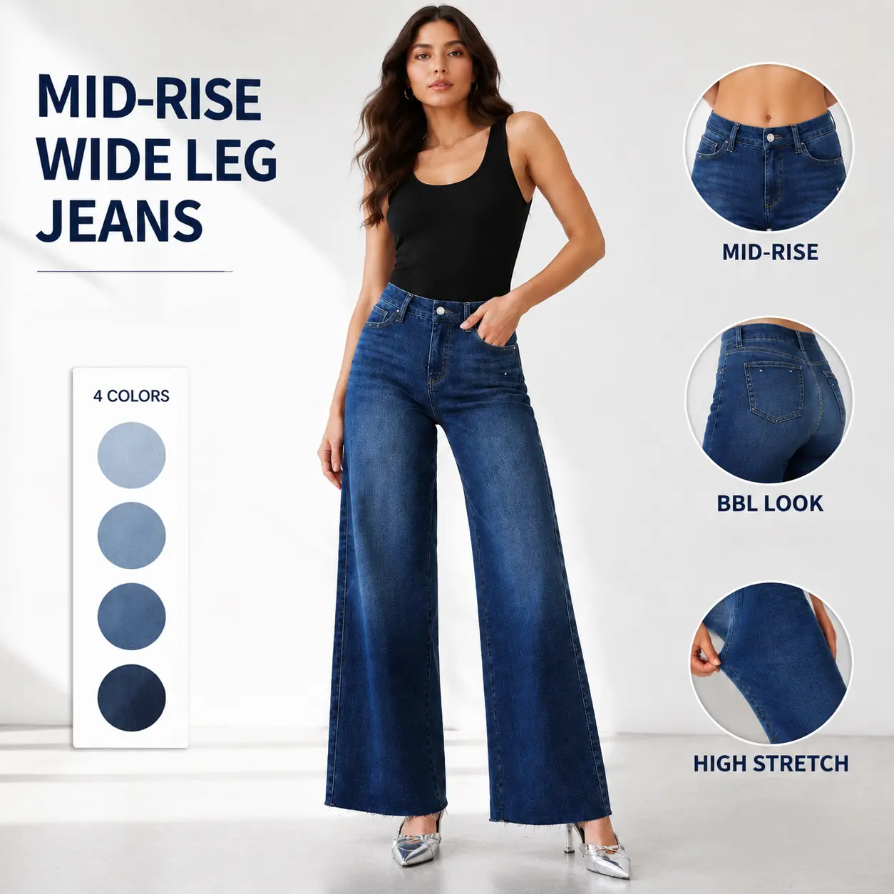 ONESO Women Mid Rise BBL Jeans Butt Lifting Wide Leg Jeans High Stretch Tummy Control Raw Hem Denim Pants Casual Trendy Y2K Jeans