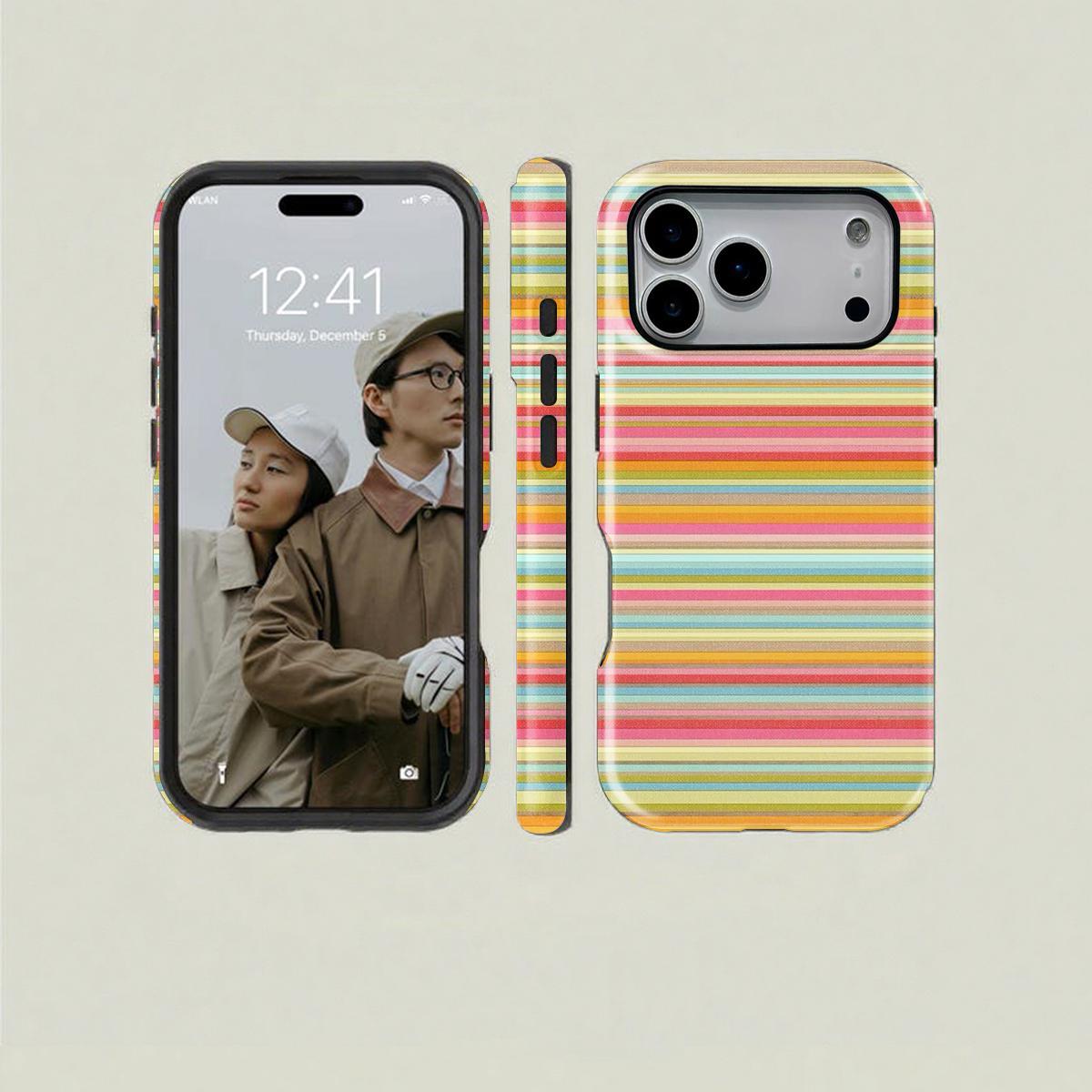 Classical Retro Mixed Color Rainbow Stripe Flower Art Detail Phone Case - 2-in-1 MagSafe Compatible Cover, Sturdy Durable Phone Accessories for iPhone 17/16/15/15 Plus/14/13/12/11 Pro Max/Pro, Unisex Birthday Gift