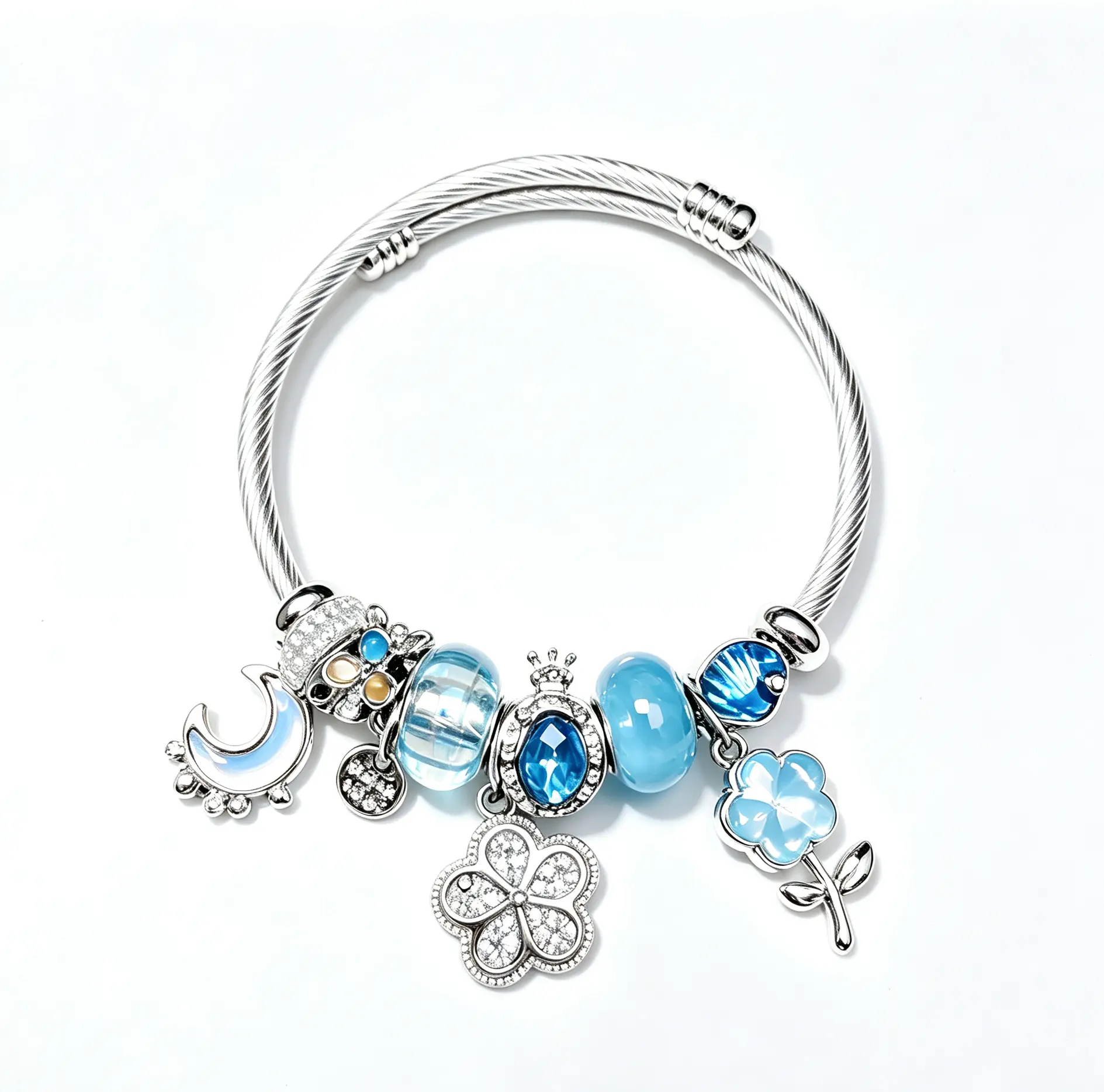Women's Silver Twist Cable Bangle - Blue Moon 4-Leaf Clover Charm, Sky Blue Crystal Glass Beads, Dainty Flower Pendant Costume Jewelry Gift