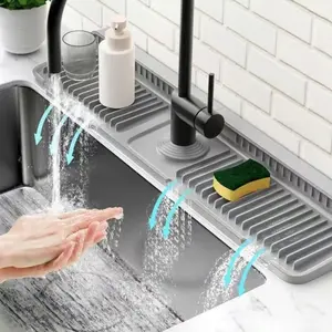 Kitchen Sink Faucet Mat, Silicone Folding Splash Guard, Draining Mat with Button Lock, Sink Faucet Protector, Sink Accessories for Kitchen Household Items Cleaners 24x5.6 inches easy operation