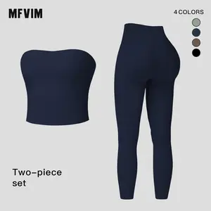 Women's Solid Color Crop Tube Top & High Waist Leggings Sports Set by MFVIM - Casual, Comfortable, Breathable Two-Piece Outfit for Yoga, Gym, Workouts, Running, Ladies' Summer Sportswear, Activewear