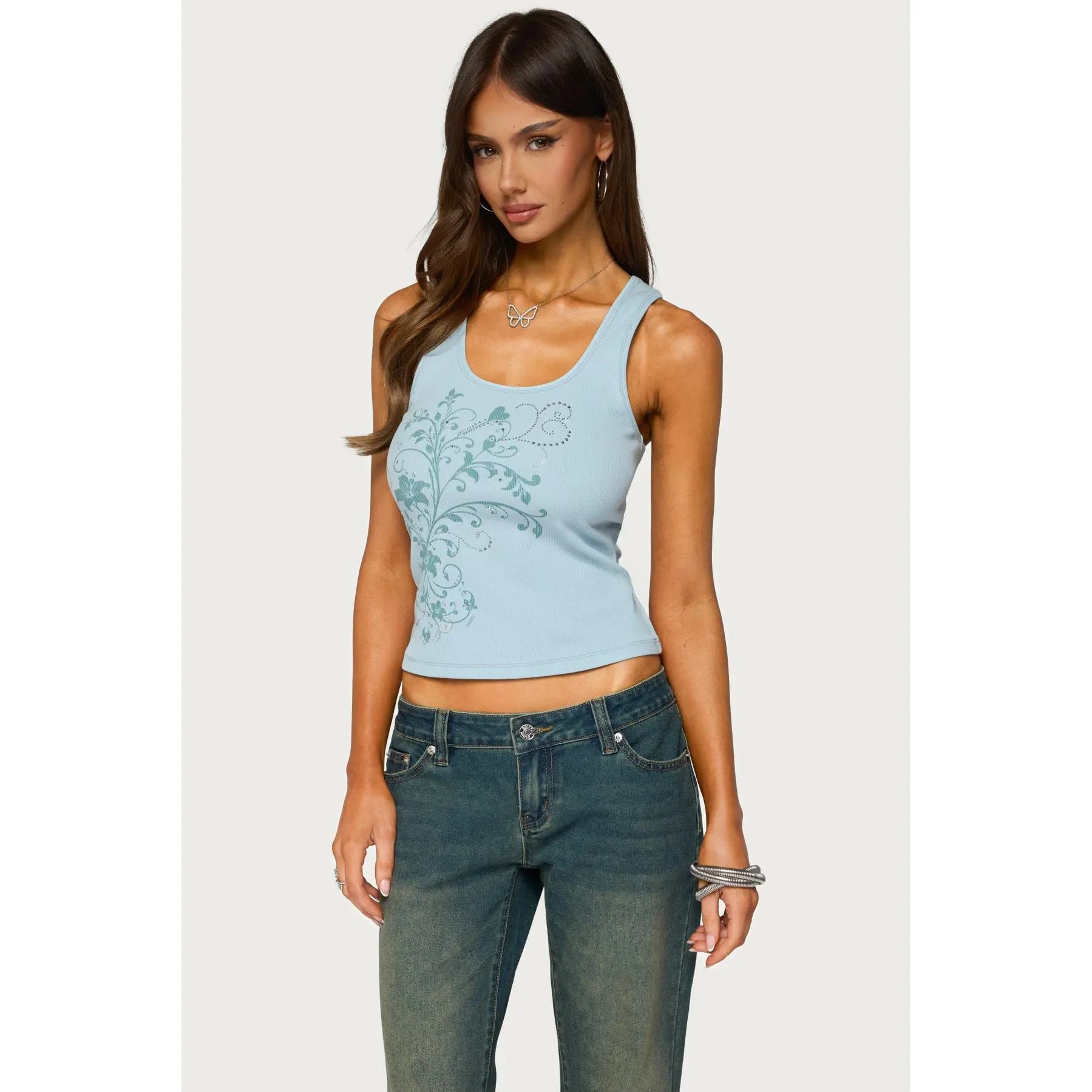 Veila Rhinestone Ribbed Graphic Tank Top