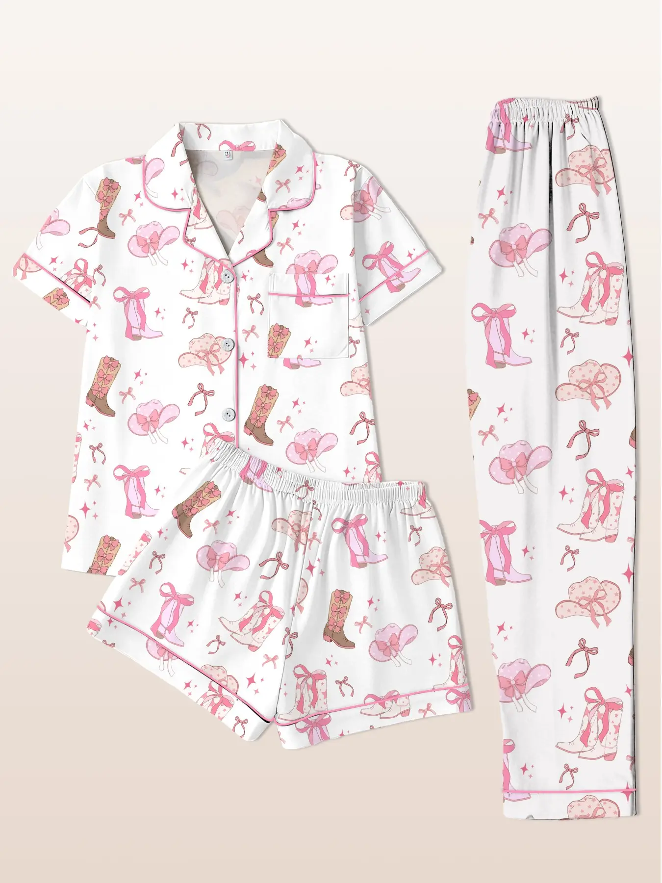 Women's Sleepwear Effortless Loungewear Homewear Three-Piece Pajama Set, Knitted Fabric Sleepwear, Pjs, Pyjamas, Short Sleeve Cardigan Top + Shorts + Long Pants, Western Cowboy Hat Boots Print