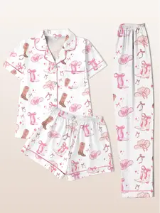 Women's Sleepwear Loungewear Three-Piece Pajama Set, Short Sleeve Cardigan Top + Shorts + Long Pants, Western Cowboy Hat Boots Print