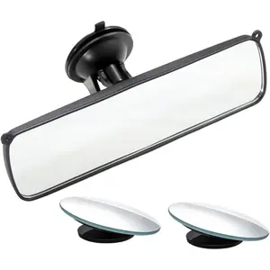 Rear View Mirror, 9.8" Universal Rearview Mirror, Car Interior Rear View Mirror with Adjustable Suction Cup, Car Inside Mirror For SUV,Vans,Trucks (Bonus 2 PCS Blind Spot Mirrors)