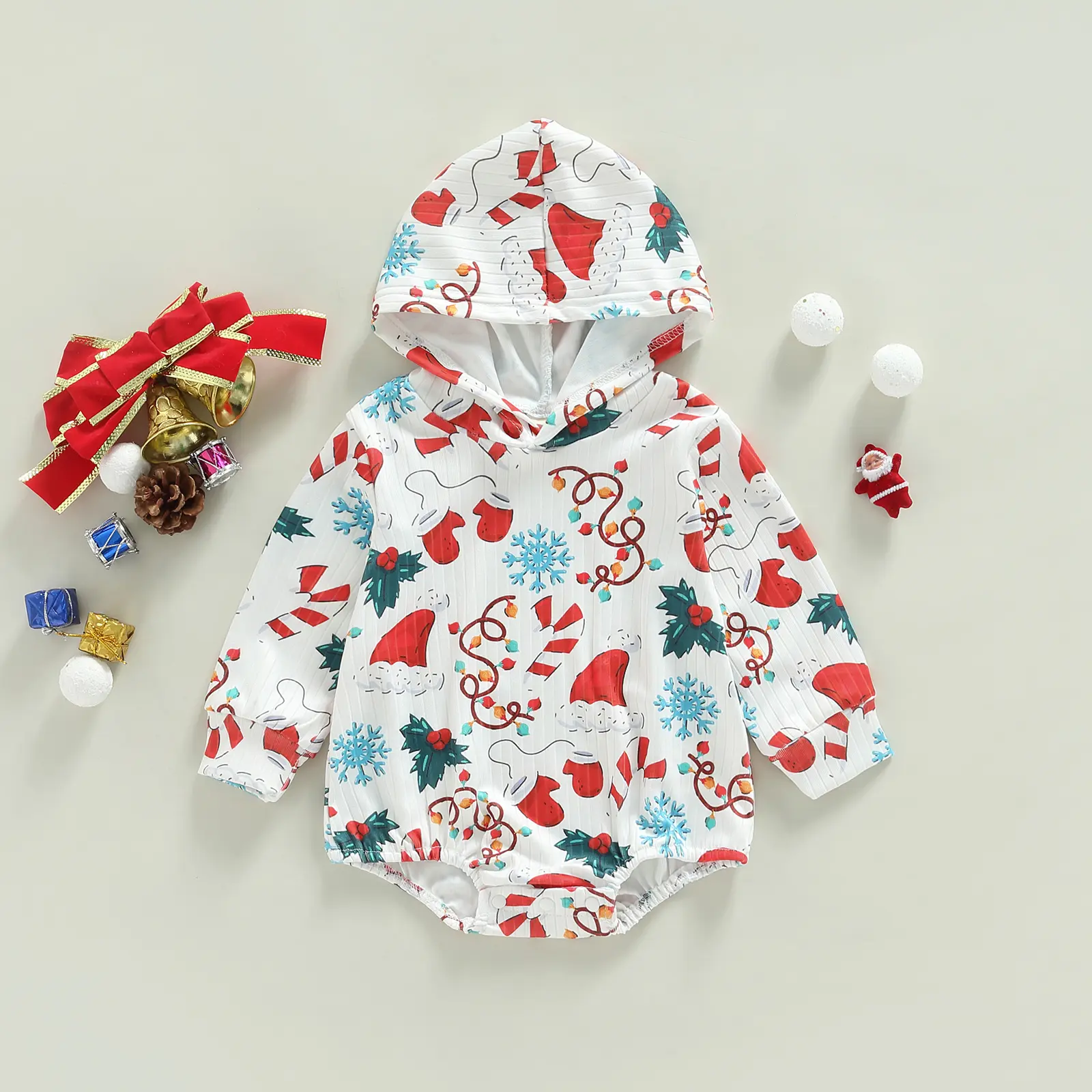 Unisex Baby Polyester Hooded Romper, Long-Sleeve Autumn Casual Bodysuit with Christmas Cartoon Print