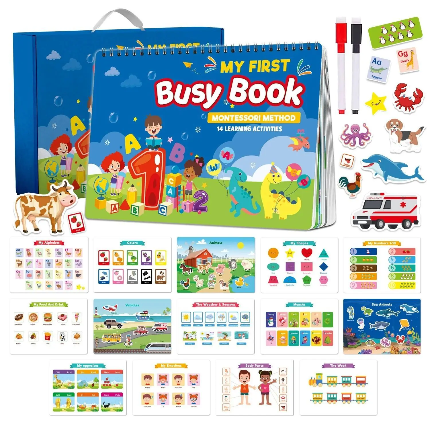 Busy Book Gift Set, 14 Themes Busy Book with Reusable Stickers, Alphabet Learning Chart, Preschool Learning Activities, Learning Activity Set, Learning Materials for 2-6 Years, Perfect Birthday Gift for Boys and Girls