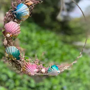 Handmade Seashell Wreath with Colorful Shells and Natural Moss Decorations