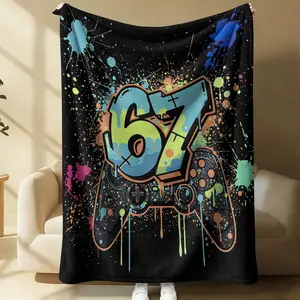Viral 67 Meme Graffiti Flannel Throw Blanket, Street Art Game Controller Blanket for Gamer Room Decor, Colorful Splatter Print Ultra-Soft Blanket for Couch, Dorm & Gaming Setup, Perfect for Boys & Teens