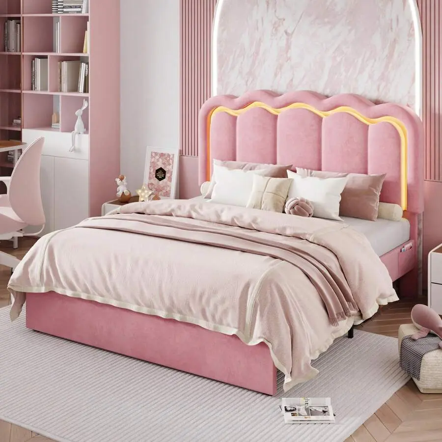 SHA CERLIN Whimsical Upholstered Platform Bed Frame - Smart LED Strip, Adjustable Velvet Wavy Headboard, Footboard Drawer, Silent Wooden Slats, Self-Assembling, No Box Spring Needed (Twin/Full/Queen Sizes, Pink Option), Queen Bed Frame