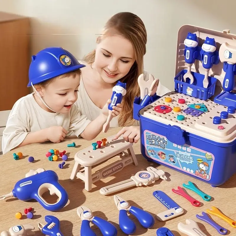 Children's Battery-Free Simulation Repair Tool Box - Construction Pretend Play Set with Hand Tools, Screws, Drill, Fishing Trip Scenario for Ages 3-8, Battery-Free Play Tools