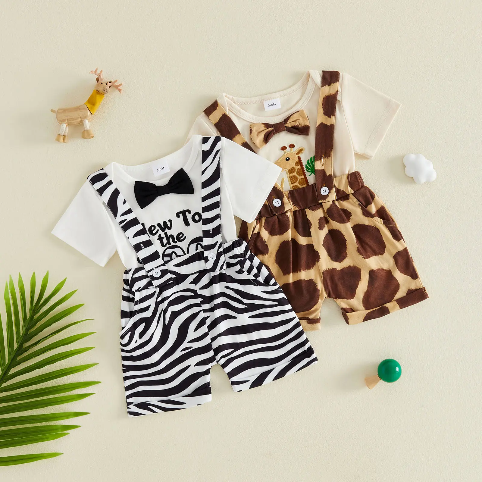 Canrulo Infant Boys Outfit Short Sleeve Crew Neck Bowtie Gentleman Outfits Zoo Themed Embroidery Romper and Zebra Giraffe Suspender Shorts Set