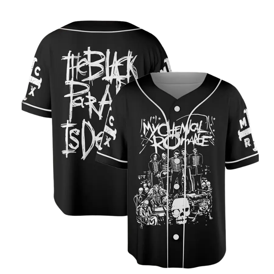 My Chemical Romance The Black Parade Is Dead Baseball Jersey for Men and Women, Gothic Rock Band Graphic Button Down Shirt, Black and White Two Sided Concert Streetwear, Skeleton Fan Outfit, Gift for MCR Fans, Boyfriend and Girlfriend, Trending 2026