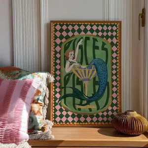 Pisces Zodiac Art Print - Mermaid Cocktail Poster, Astrology Horoscope Wall Decor