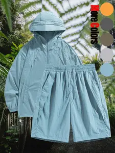 Two-Piece Set Men's Solid Color Hooded Jacket & Shorts, Casual Athleisure Style Breathable Quick Drying Outerwear & Shorts for Outdoor Hiking Fishing, Men's Summer Clothes