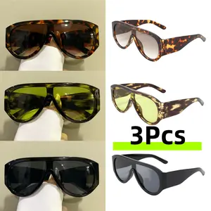 2D Flat, 3pcs Oversized 2D Flat Top Fashion Glasses, Unisex Punk Shield Eyewear for Women Men, Tortoise Shell& Black Fashion Statement Glasses, 2D Flat