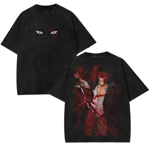 Red Hair Shanks Anime Washed Oversized T-Shirt for Men Women, Vintage Streetwear Graphic Tee, Haki Power Pirate Shirt, One Piece Inspired Cotton 230GSM Loose Fit Fashion Top