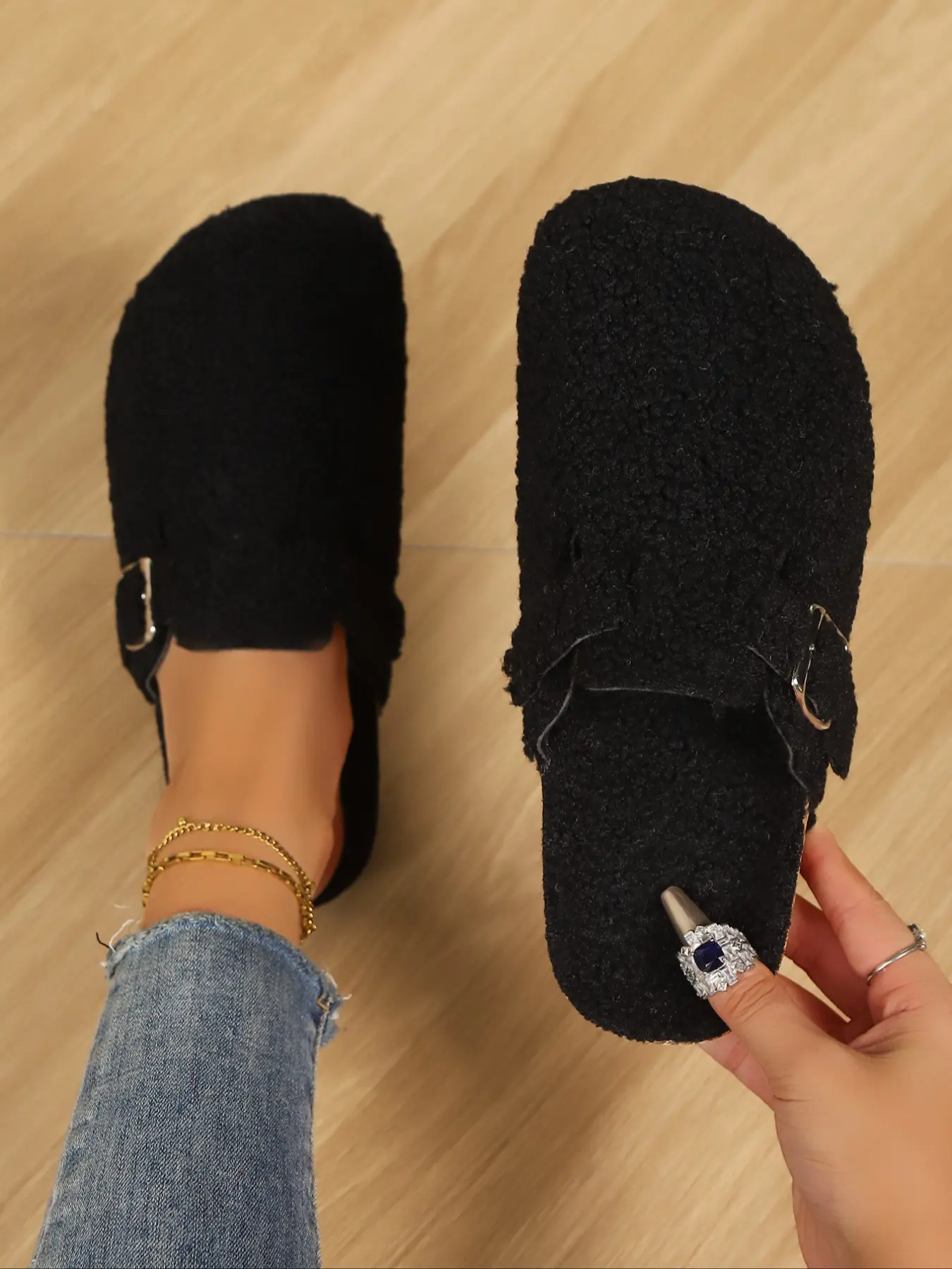 Women's Large Size Sheepskin Mules, Casual Cozy Faux Fur Fall Winter Warm Indoor Outdoor Office Shoes, Comfortable Hollow Design Flat Sandals