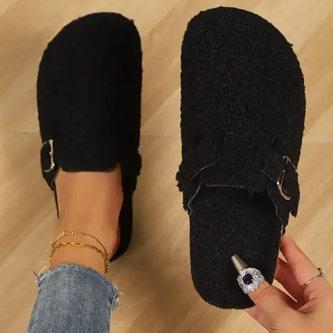 Women's Large Size Sheepskin Mules, Casual Fall Winter Warm Indoor Outdoor Office Shoes, Comfortable Hollow Design Flat Sandals, Rubber