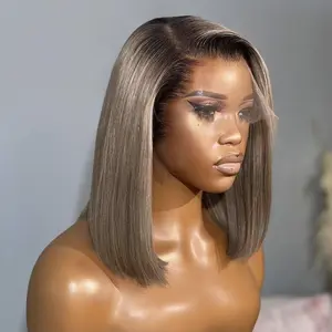 Ombre Ash Blonde Short Bob Wig Human Hair 13x4 Transparent Lace Front Wigs for Black Women Ombre Ash Blonde Straight Bob Wig Lace Frontal Wig with Dark Roots Pre Plucked 180 Density