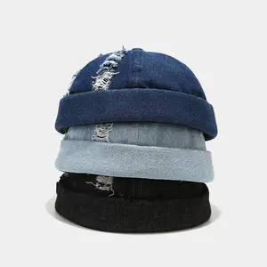 Hat Men Beanie Brimless Cap Worker Sailor Cap Rolled Cuff Retro Unisex Outdoor Cap in Denim Blue & Black