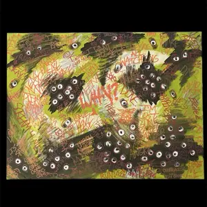 "Why" Acrylic Painting Featuring Unique Black Shapes with White Eyes and Text Elements in Green Background