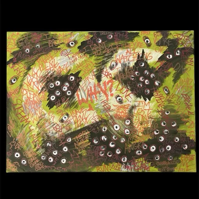 "Why" Acrylic Painting Featuring Unique Black Shapes with White Eyes and Text Elements in Green Background