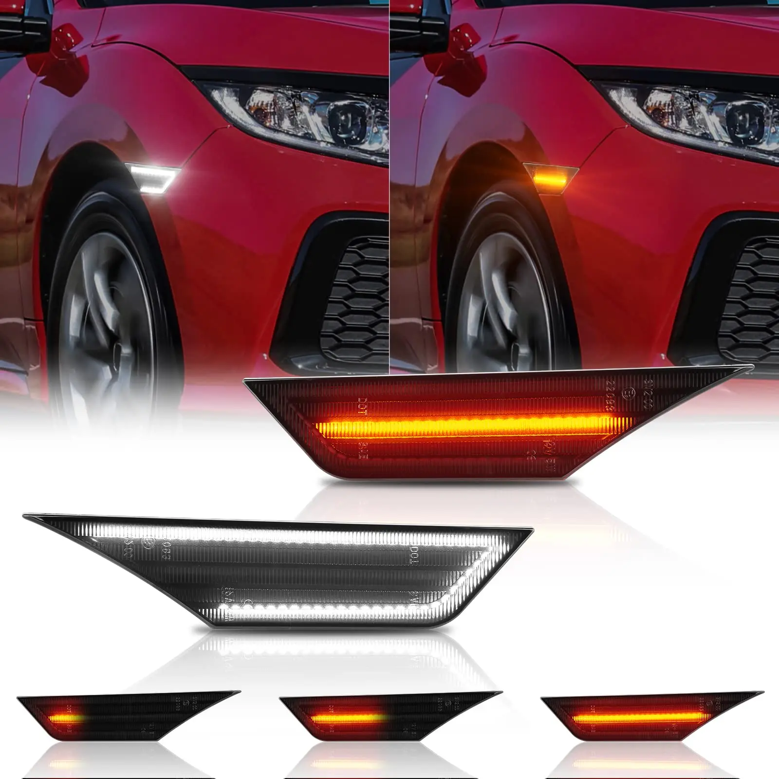Gempro LED Side Marker Lights for Honda Civic Sport Si 2016-2021 Civic Coupe Sedan Hatchback Front Turn Signals Sequential Amber&White, Smoked Black