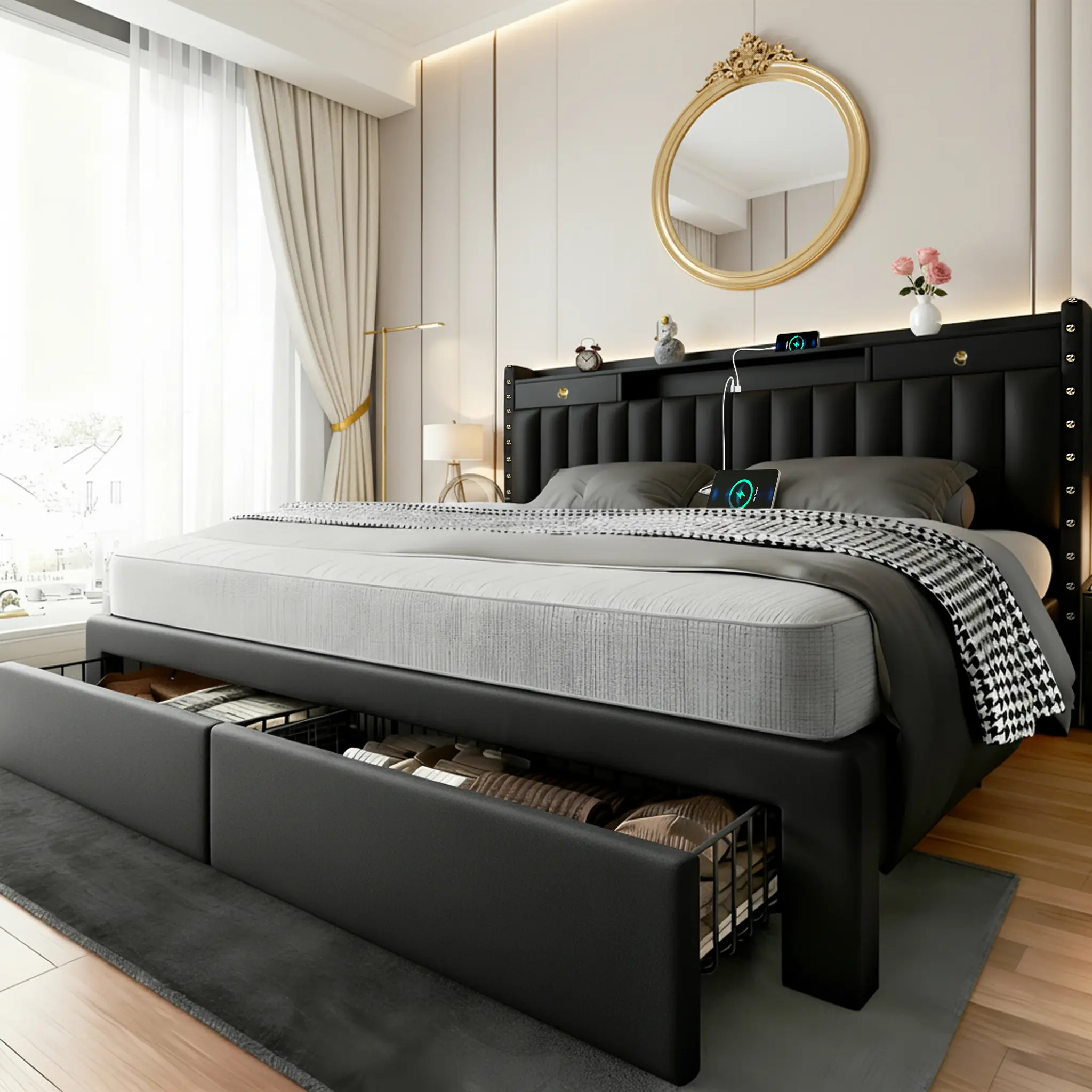 Furniture Bed Frame with 4 Drawers and 2 USB & 1 Type-C Charging Ports, No Mattress, Upholstered Platform Bed Frame with Storage Headboard Bed Frame,No Box Spring Needed Required Easy Assembly,Full/Queen/King