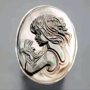 14k White Gold Plated 925 Sterling Silver Natural Cameo Shell Gemstone Ring with Elegant Design and High-Quality Finish