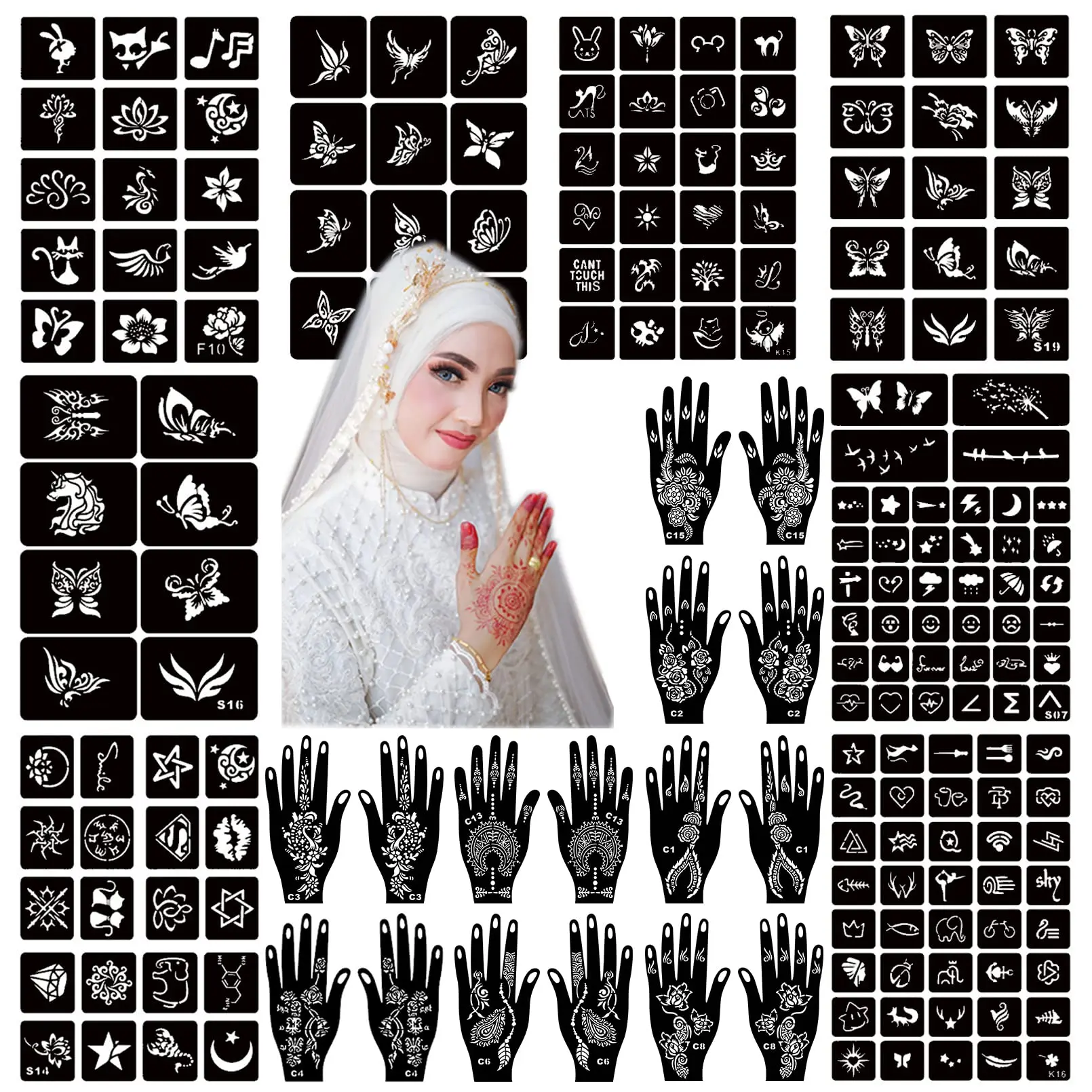 Henna Tattoo Stencil Kit 190pcs, 24 Sheets Henna Stencils Reusable Temporary Indian Arabian Glitter Airbrush Tattoo Stencils for Face Body Paint DIY