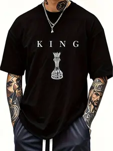[Chess King Top] Casual Short-Sleeve Round Neck Top for Men Featuring a Black Chess King Pattern