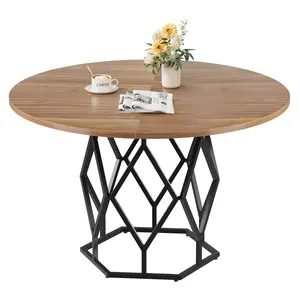 GARVEE 47 Inch Round Dining Table 4-6 People, Kitchen & Dining Room Tables with Metal Base, for Dining Room, Living Room (4 Pieces of Desktop), Brown