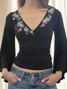 Women's Retro Floral Embroidery Low V Neck Slim Fit Top, Spring & Fall Fashion, High Waist Ruched Design, Elegant Style, Casual Classy Top