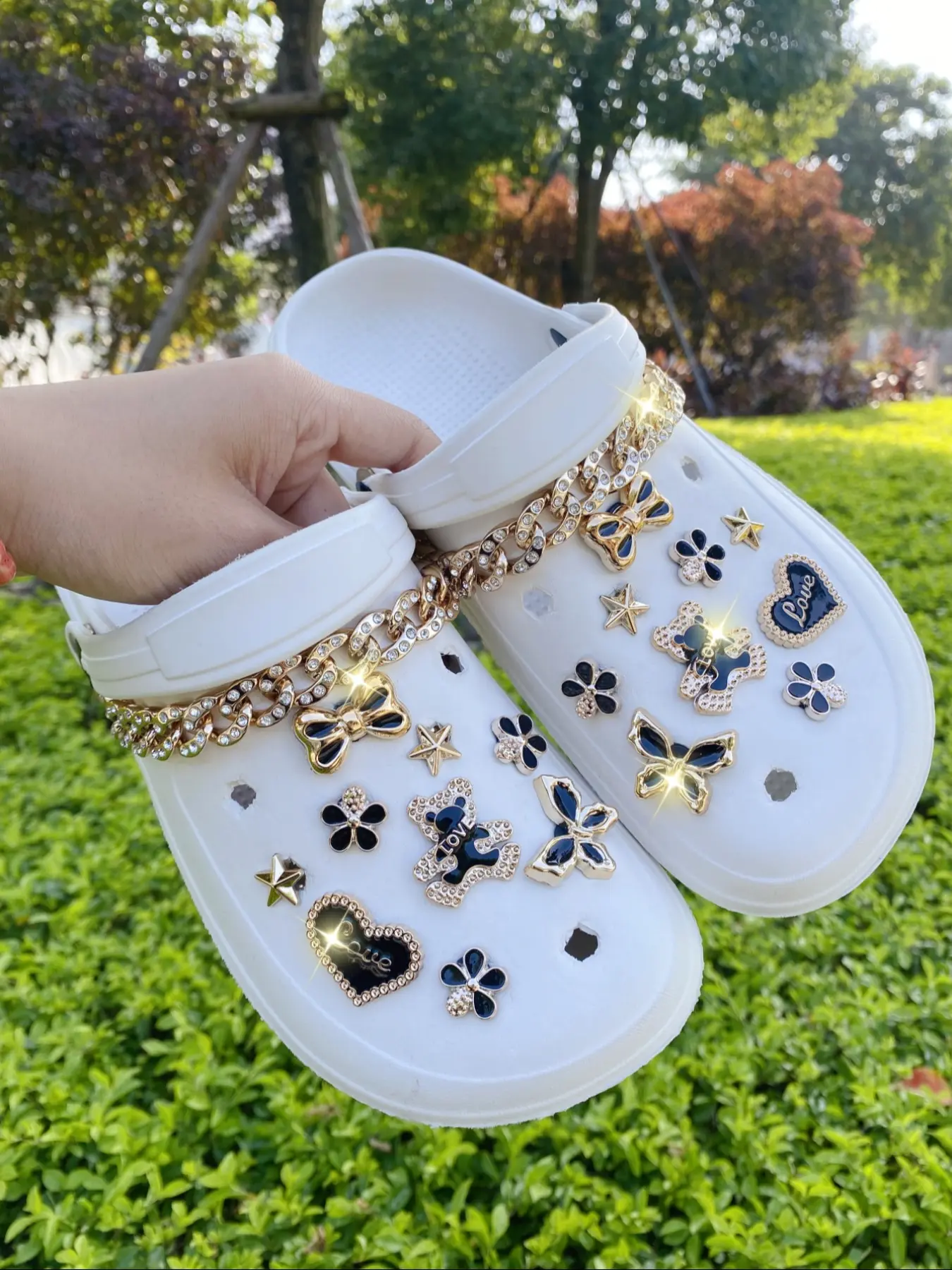 20pcs Love Bear Bow Heart Small Flower Star Rhinestone Chain Shoe Charms, Decorative Shoe Accessories, Abs Shoe Flowers for Sandals Flip Flops Decoration Rhinestone Shoes Charms, Bling Sparkling Shoe Charms