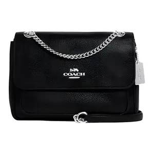 COACH Klare 25 Leather Crossbody Bag with Buckle Flap and Chain Strap for Women in Black