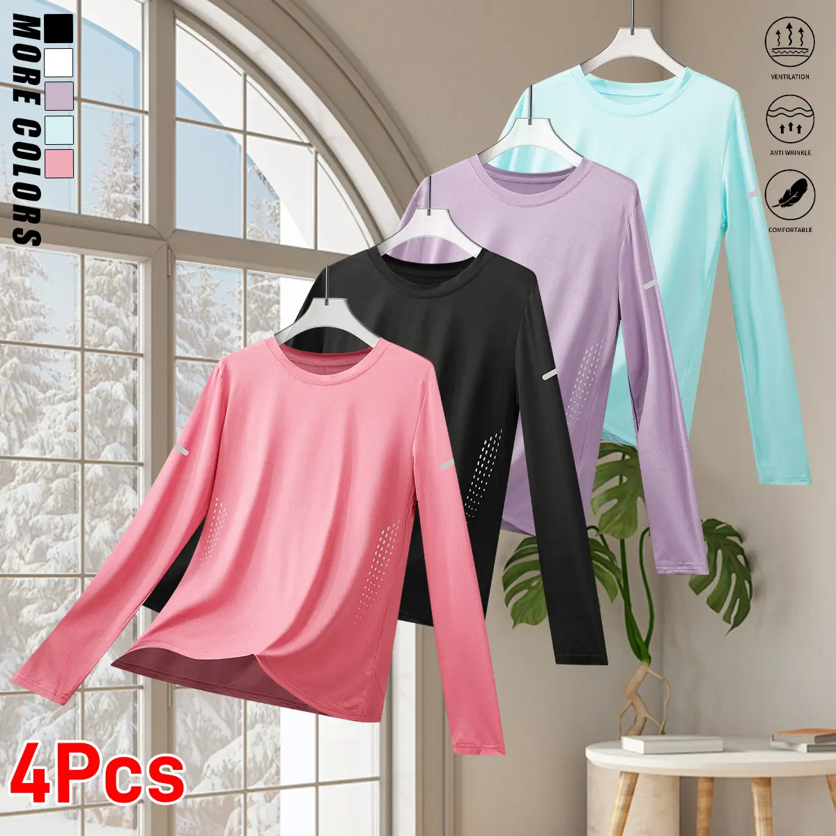 Set of 4 women’s gradient long-sleeve sports T-shirts.Comfortable and breathable, with a reflective effect.The timeless crew neck design can be worn all year round, making it perfect for jogging, workouts, and everyday casual wear—an essential fashion act
