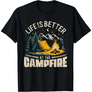 100% Cotton Life Is Better At The Campfire Funny Camping T-Shirt