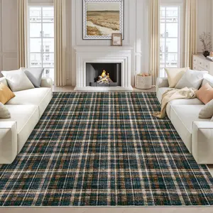 Machine Washable Geometric Living Room Rugs, Checkered Non Slip Soft Bedroom Area Rug Textured Plaid Ultra Thin Low Pile Floor Rugs Accent Low Pile Contemporary Large Under Table Carpet for Farmhouse Dining Room Office