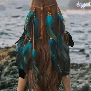 Anygoal Women's Boho Feather Headband, Handmade Hippie Indian Style Headpiece with Wood Beads,Colorful Hair Ties for Women & Girls  Adjustable Braided Cord Hair Accessory for Music Festivals,Halloween Costumes, Photoshoots and Beach Parties hair band