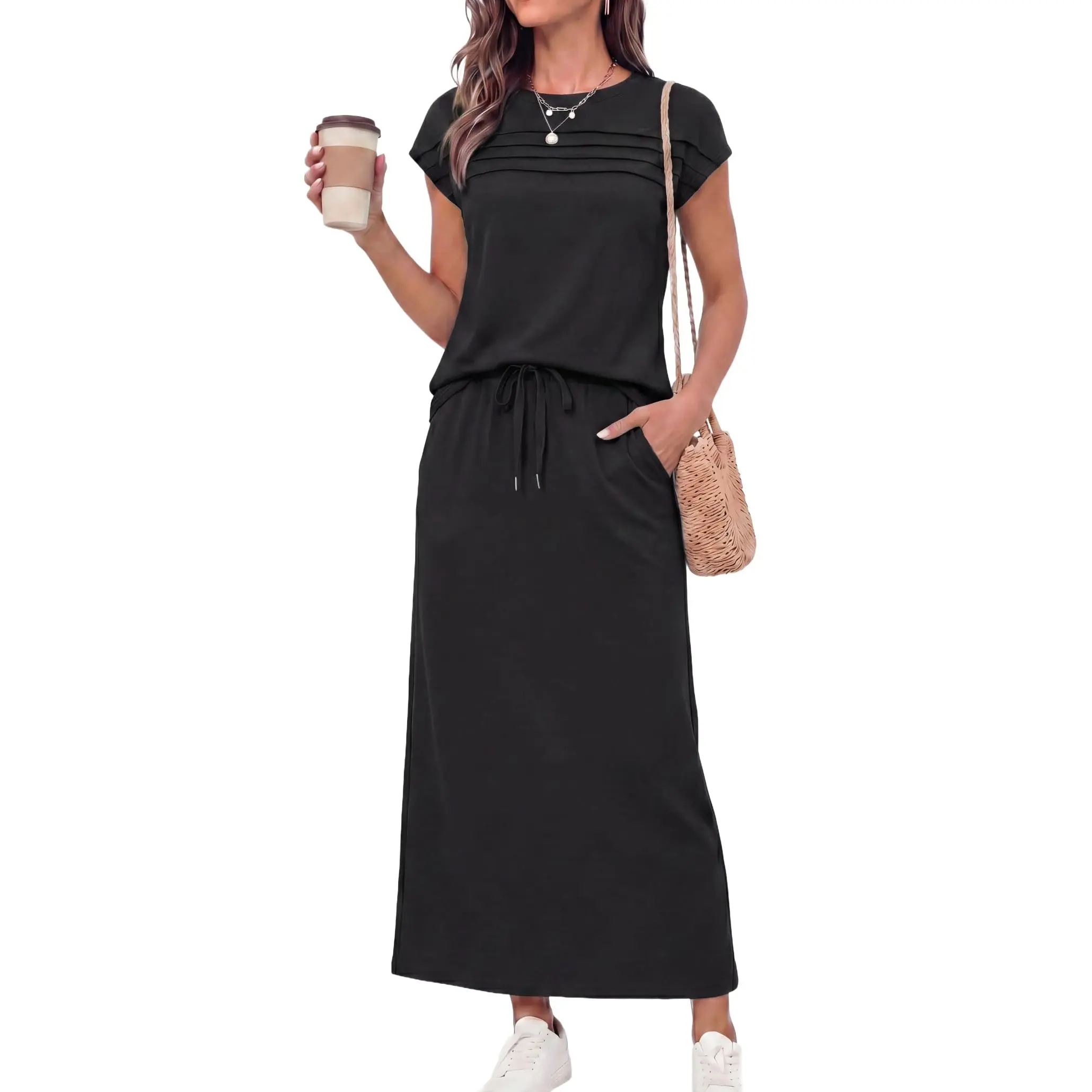 Womens 2 Piece Skirt Set Casual Matching Outfit Wear Together or Separately | Crew Neck,Cap Sleeve,Pleated Front,Drawstring Waist Maxi Skirt,Side Pockets,Soft Lightweight,Everyday Wear,Medium Stretch