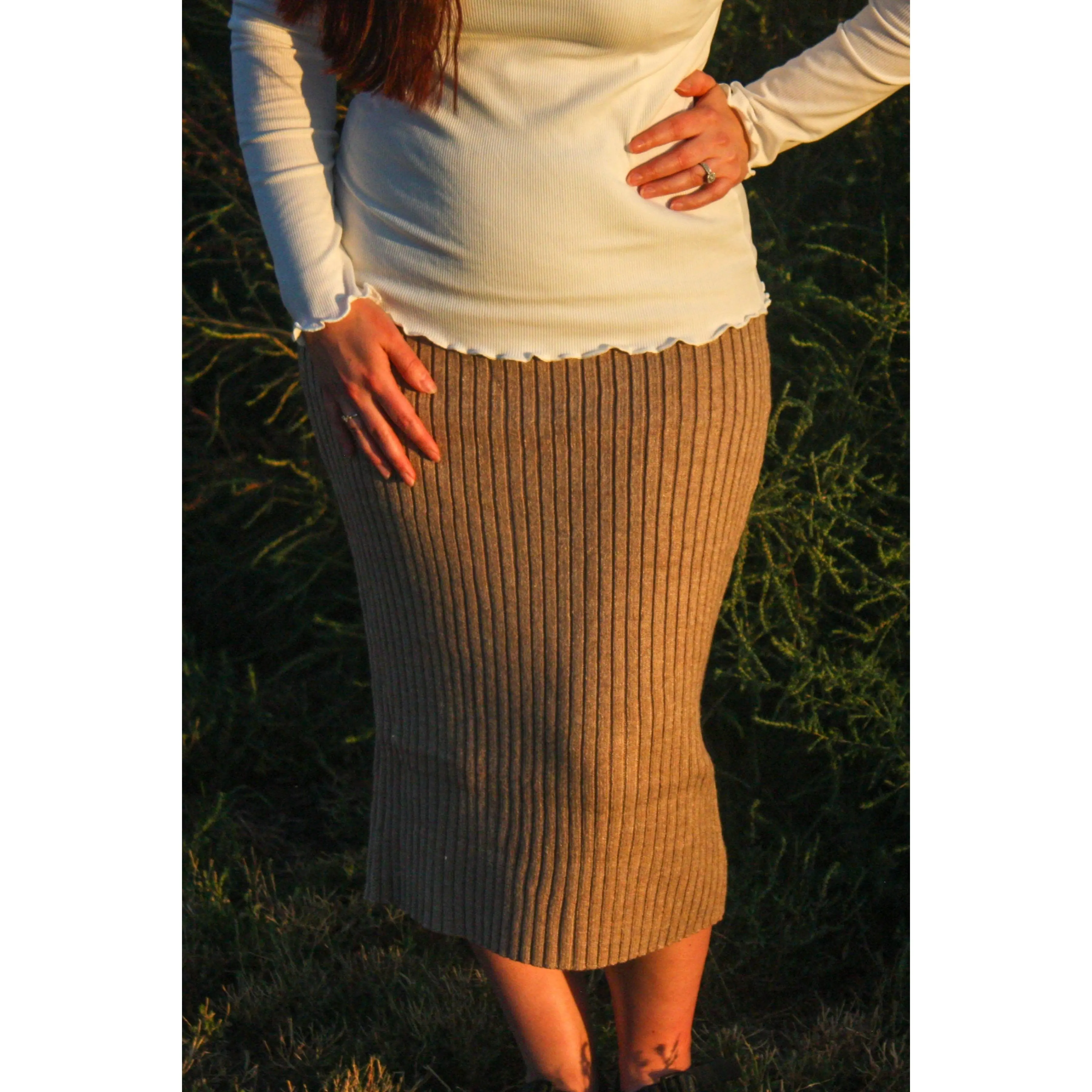Ribbed Midi Skirt - Taupe