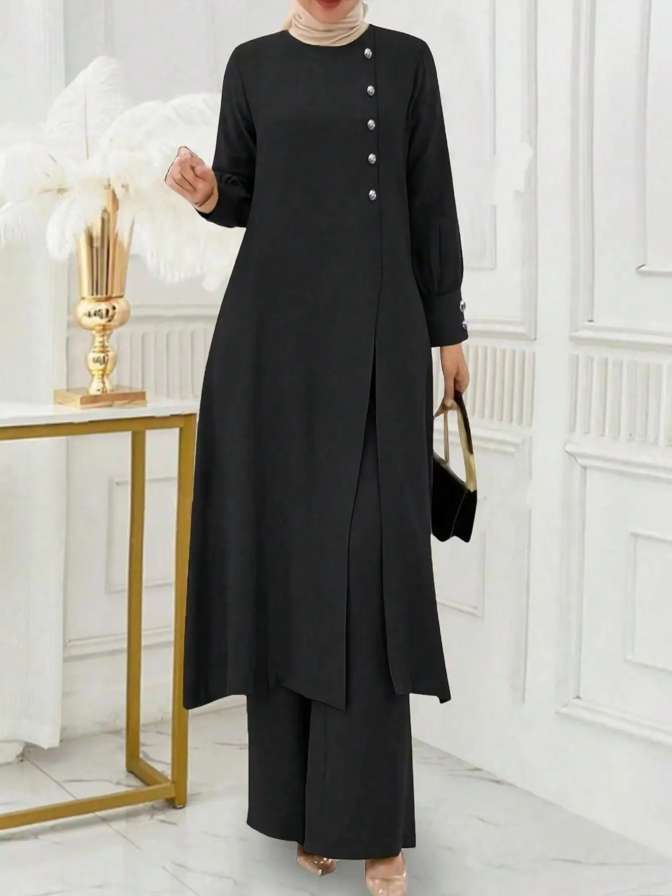 Women's Casual Two-Piece Set, Round Neck Long Sleeve Tunic Top & Pants, Loose-Fitting Ethnic Style, Fashionable Retro Look, Outfit Sets Women, Clothing Sets