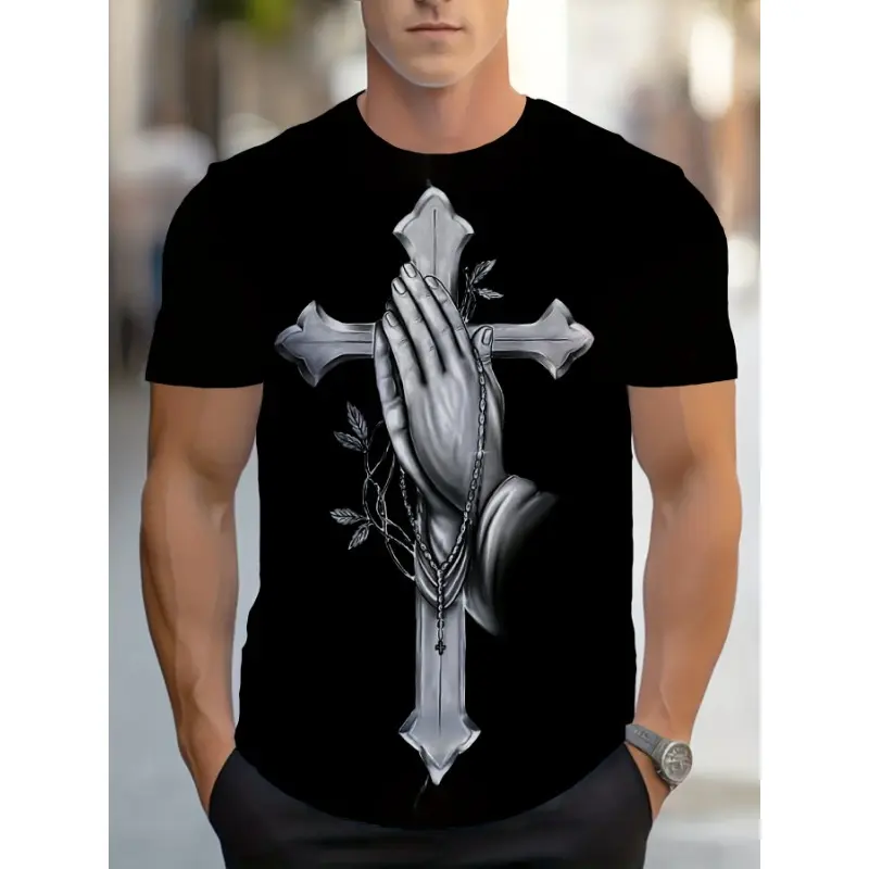 100% cotton Men's Sports Crew Neck T-Shirt with Cross and Prayer Hand Pattern 100% Cotton Miniature Stretch Fabric Short Sleeves Black - Suitable for Sports and Fitness, Gym Shirt